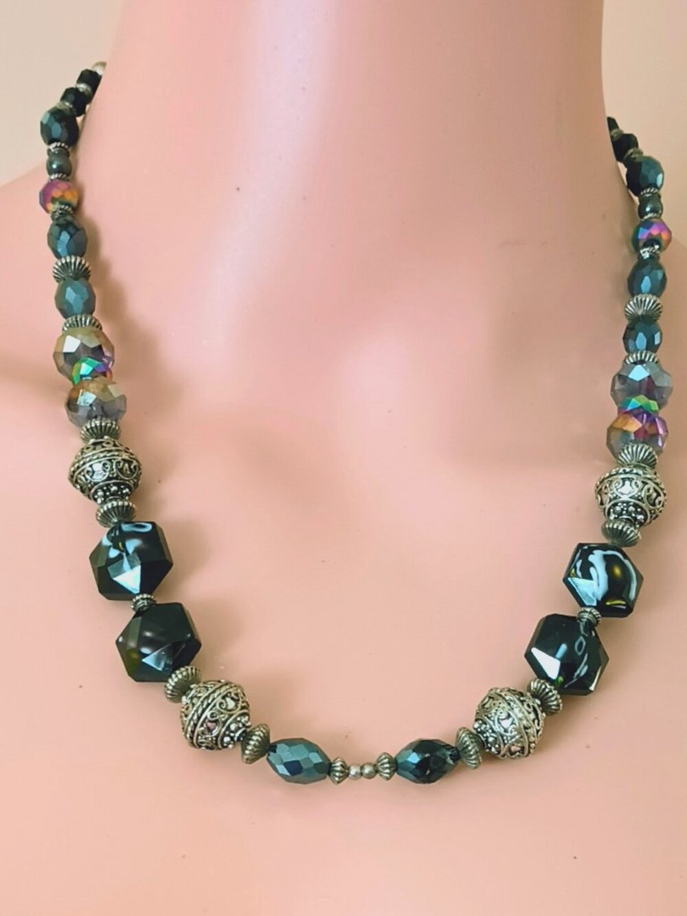 Multi Shaped Glass Beaded Necklace 19" Purple Black with Etched Silver Balls